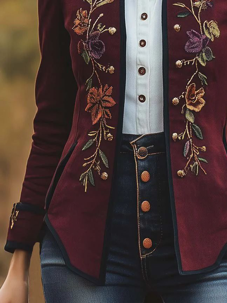 Vintage Slim-fit Stand Collar Floral Embroidered Jacket