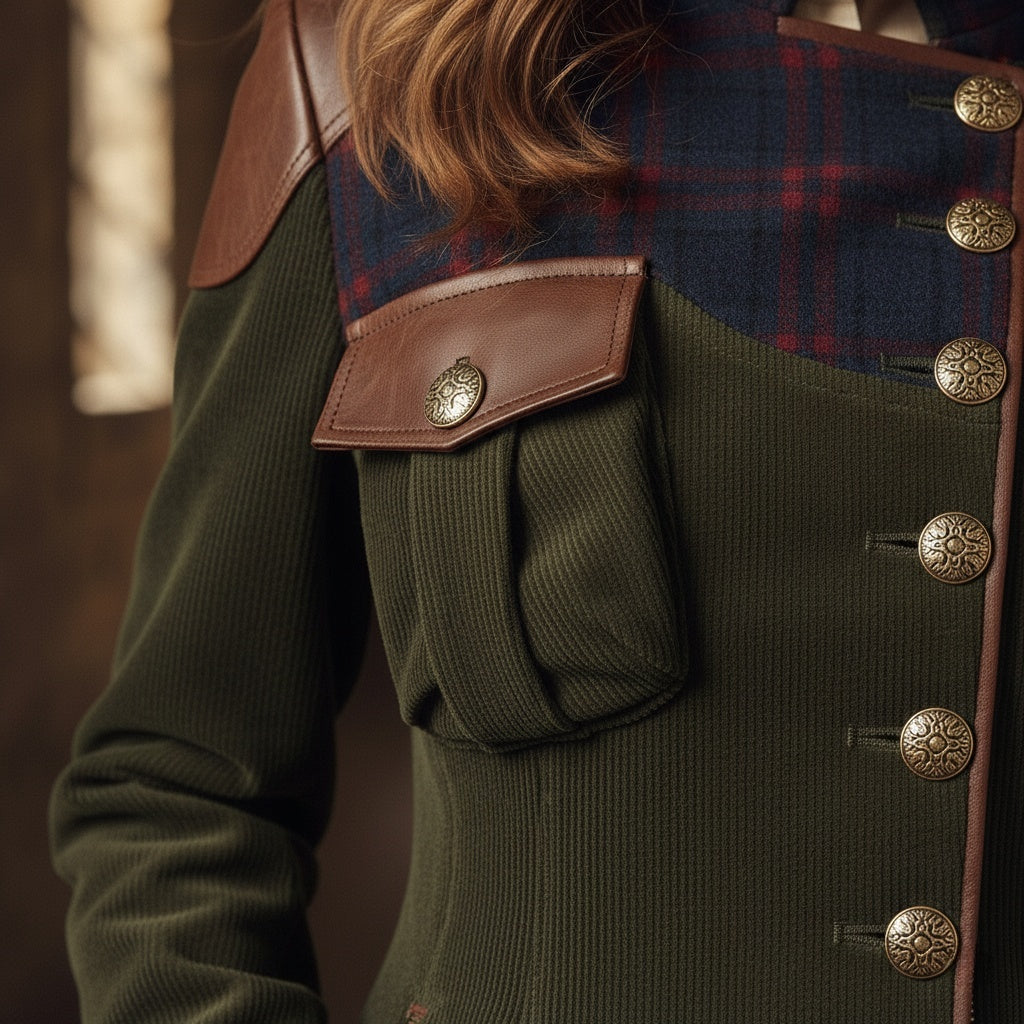 Forest Green Military-Inspired Coat with Plaid and Leather Accents