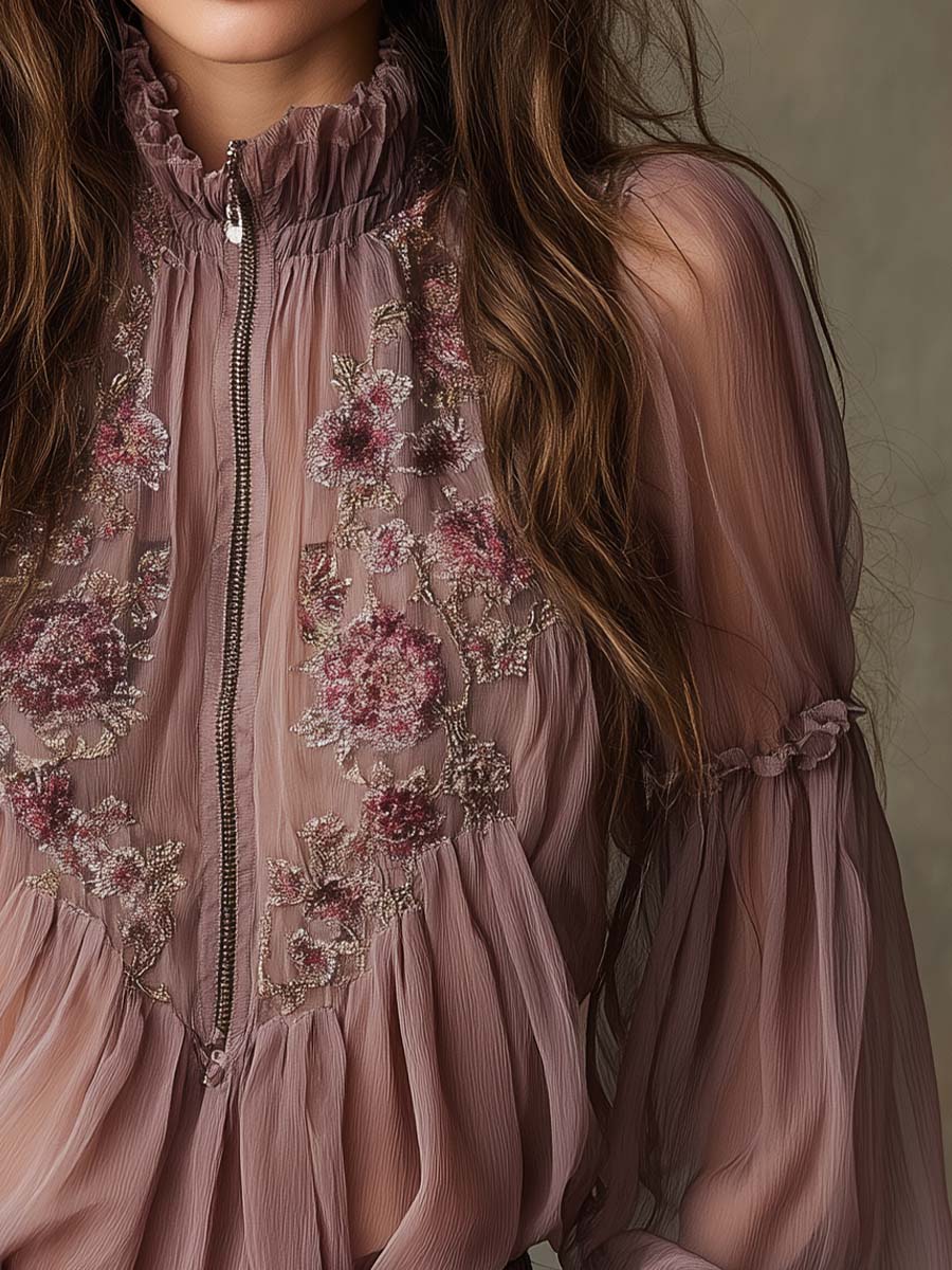 Bohemian Elegance Sheer Embroidered Zip-Front Chiffon Blouse