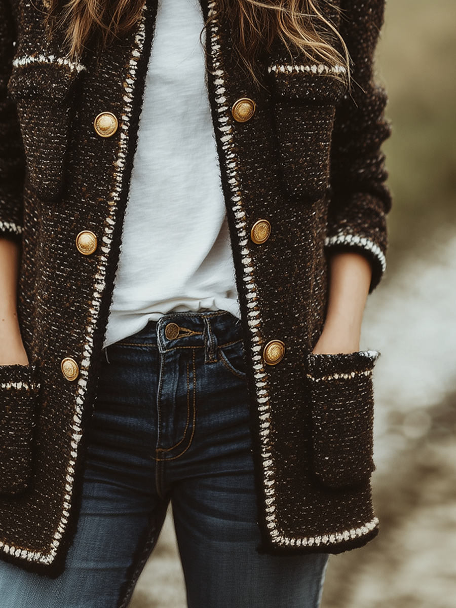 Vintage Contrast Trim Chanel Style Mid-Length Jacket