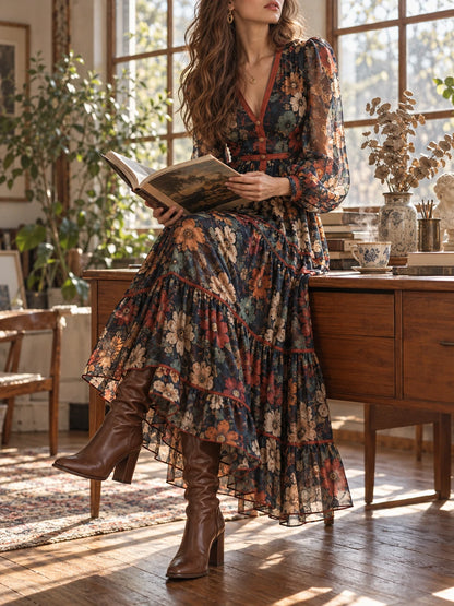 Vintage Floral Balloon-Sleeve Tiered Midi Dress