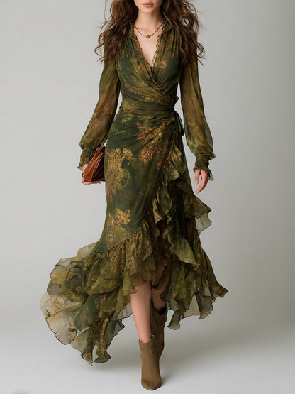 Bohemian Holiday Print Irregular Ruffled Hem Chiffon Maxi Dress