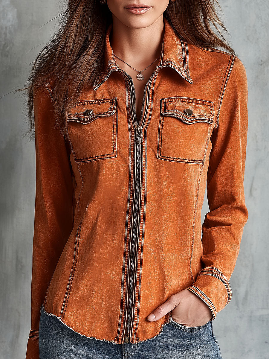 Vintage Burnt Orange Utility Zip Lightweight Jacket