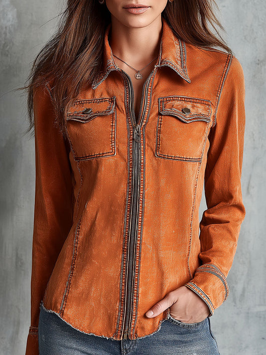 Vintage Burnt Orange Utility Zip Lightweight Jacket