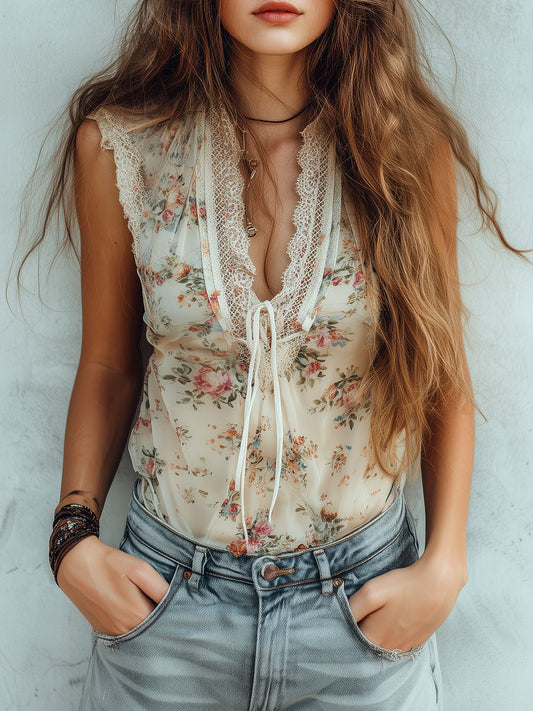 Romantic Floral Print Lace-Trim Sleeveless Chiffon Blous
