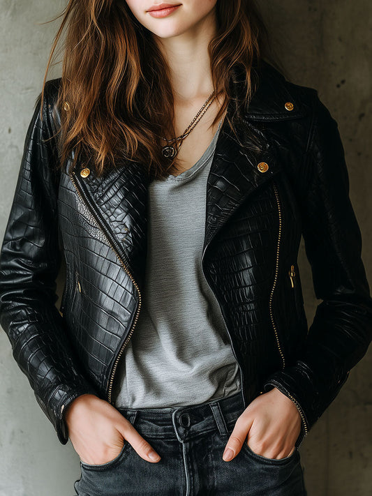 Black Croc-Embossed Eco Leather Moto Jacket