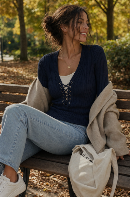 Retro Lace-Up Deep V-Neck Ribbed Knit Sweater