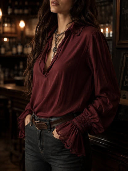 Boho V-Neck Deep Wine Red Blouse With Lace Cuffs