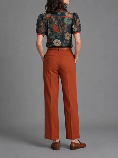 Dark Floral Sheer Blouse & Rust Wide-Leg Trousers Set