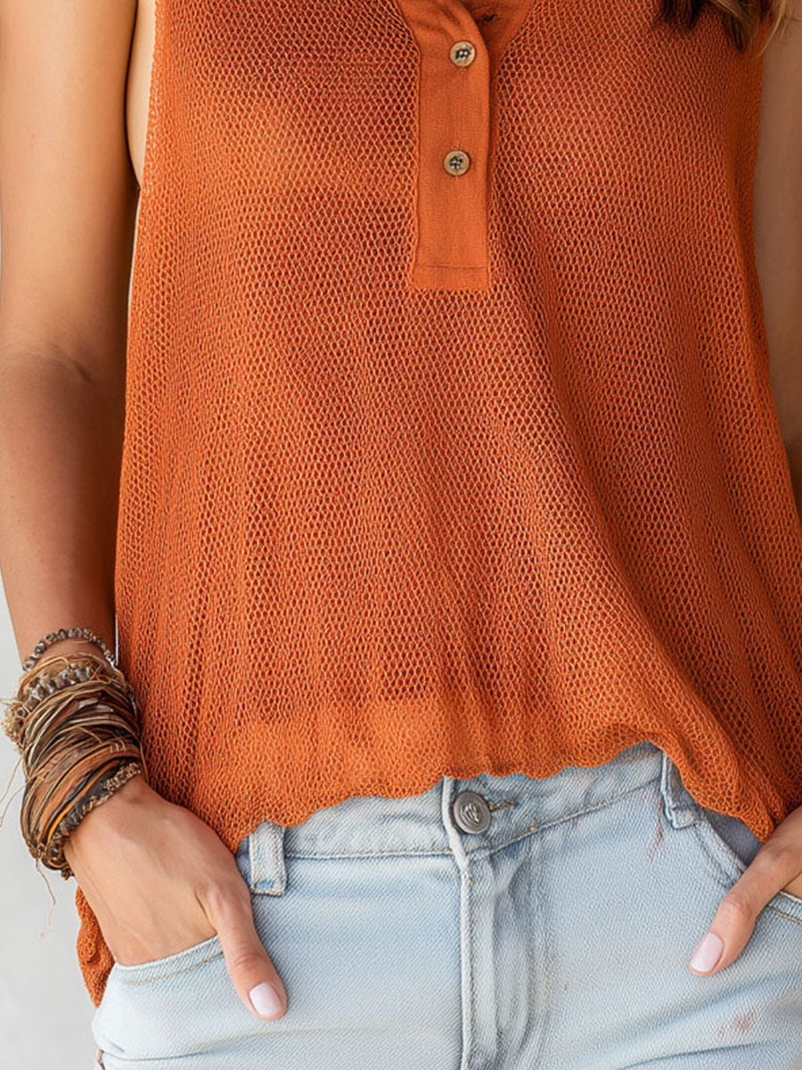 Casual Rust Lightweight Mesh Knit Sleeveless Polo Top