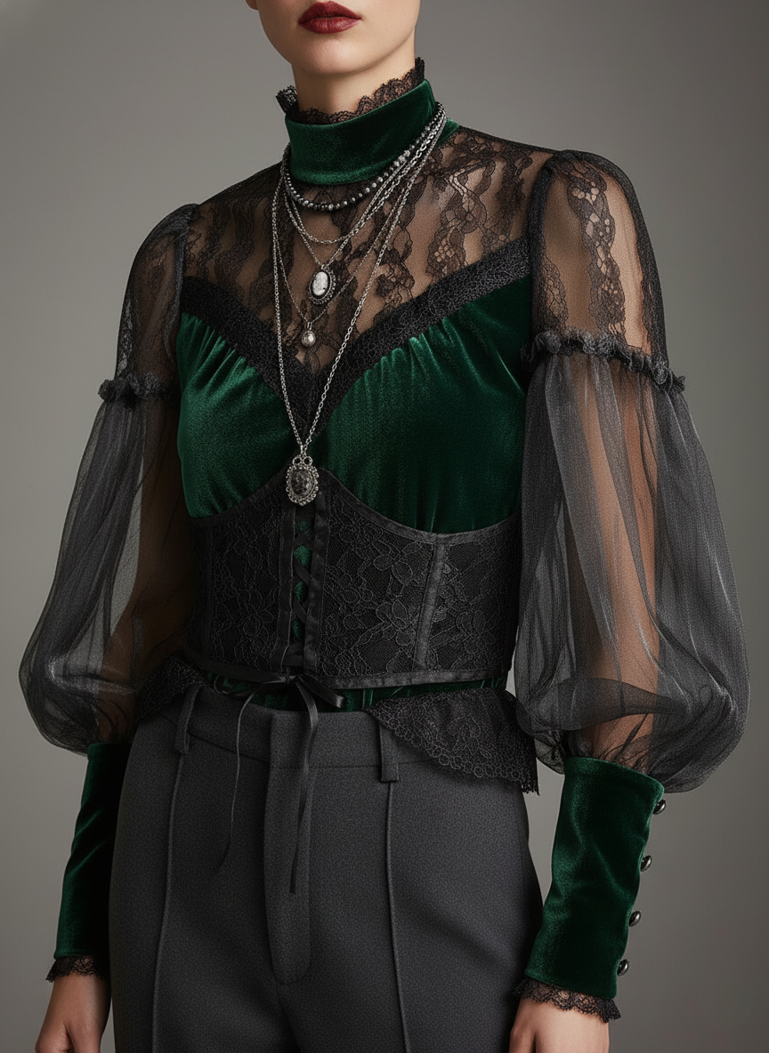 Emerald Velvet & Sheer Lace Corset Blouse