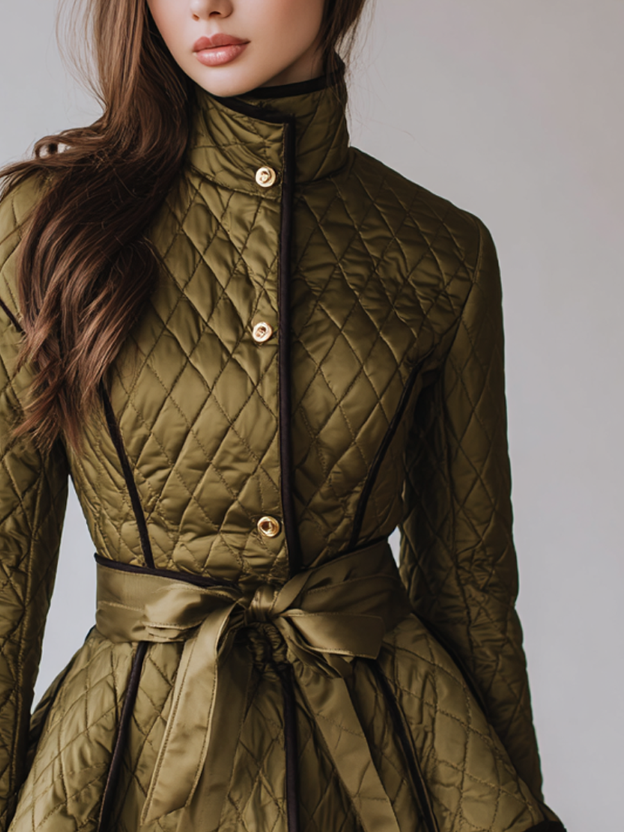 Retro Stand Collar Ruffle Hem Quilted Jacket