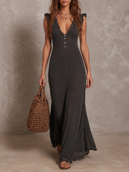 Retro Flutter Sleeves Flare Hem Knitted Maxi Dress