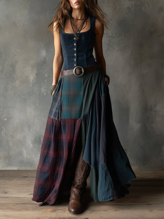 Bohemian Sleeveless Eco-friendly Suede Plaid Splicing Maxi Dress