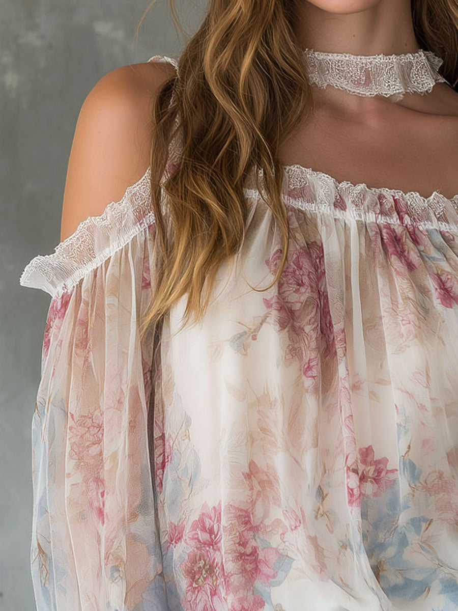Boho Cold Shoulder Lace Trim Sheer Floral Chiffon Blouse
