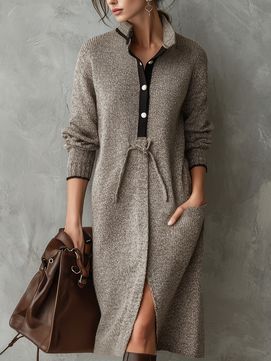 Retro Contrast Collar Long Sleeve Knitted Midi Dress