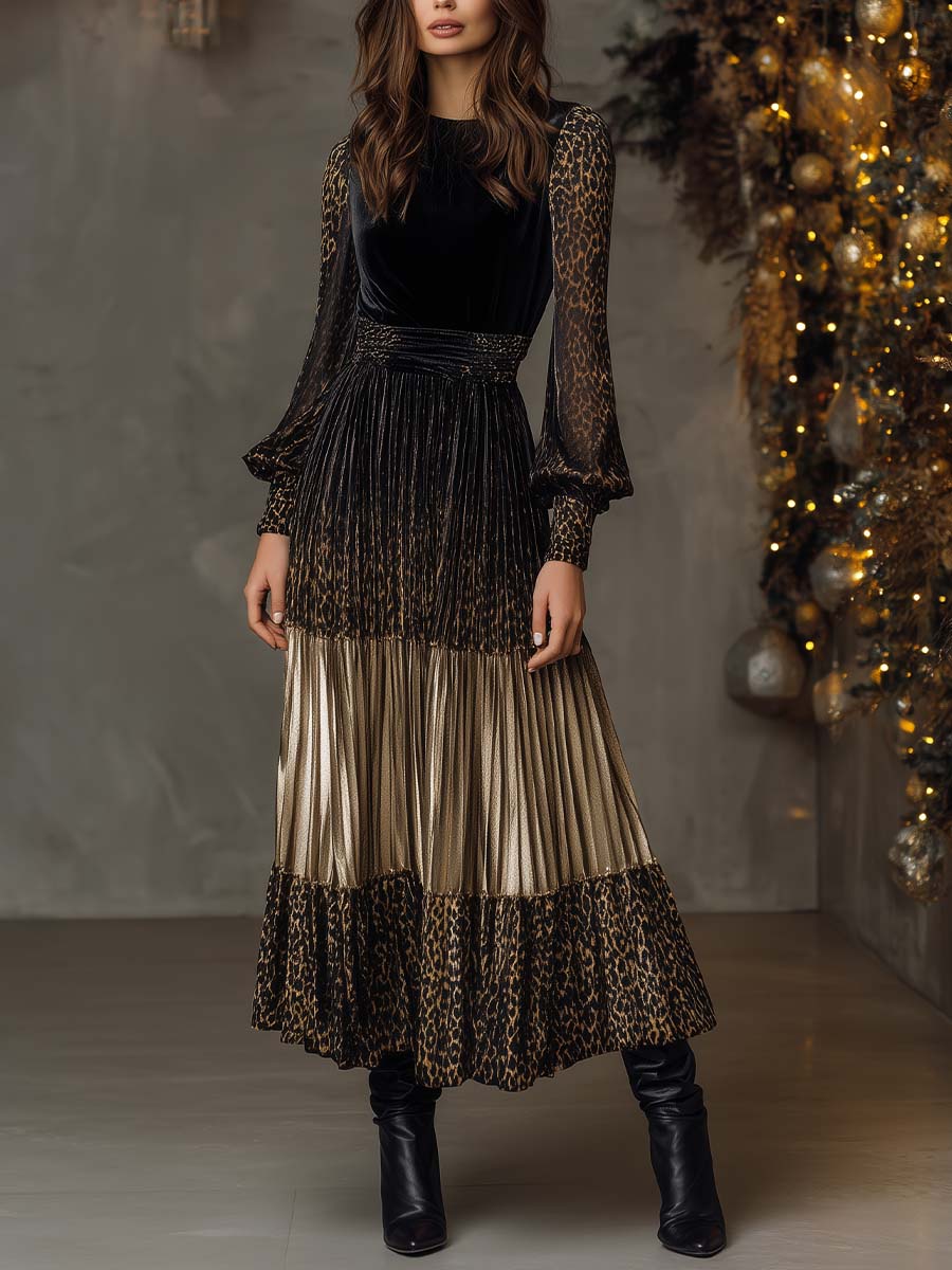 Velvet And Leopard Print Pleated Patchwork Midi Dress With Sheer Sleeves