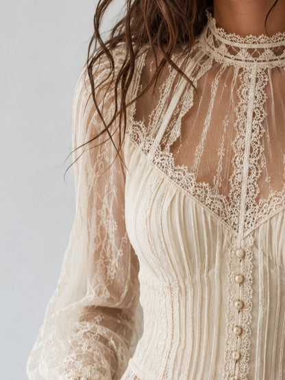 Cream Victorian Lace High-Neck Corset Blouse