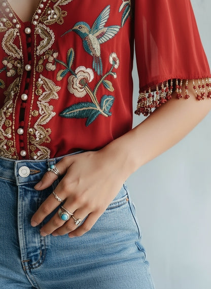 Elegant Embroidered V-Neck Blouse - Hummingbird & Floral Design