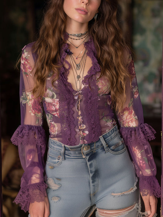 Vintage Lace Trim Long Sleeve Printed Chiffon Blouse