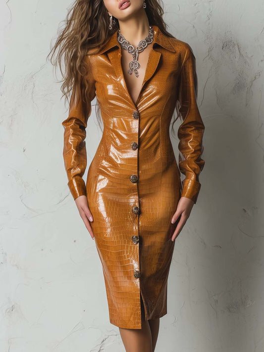 Retro Modern Caramel Eco-Croco Embossed Leather Shirt Dress