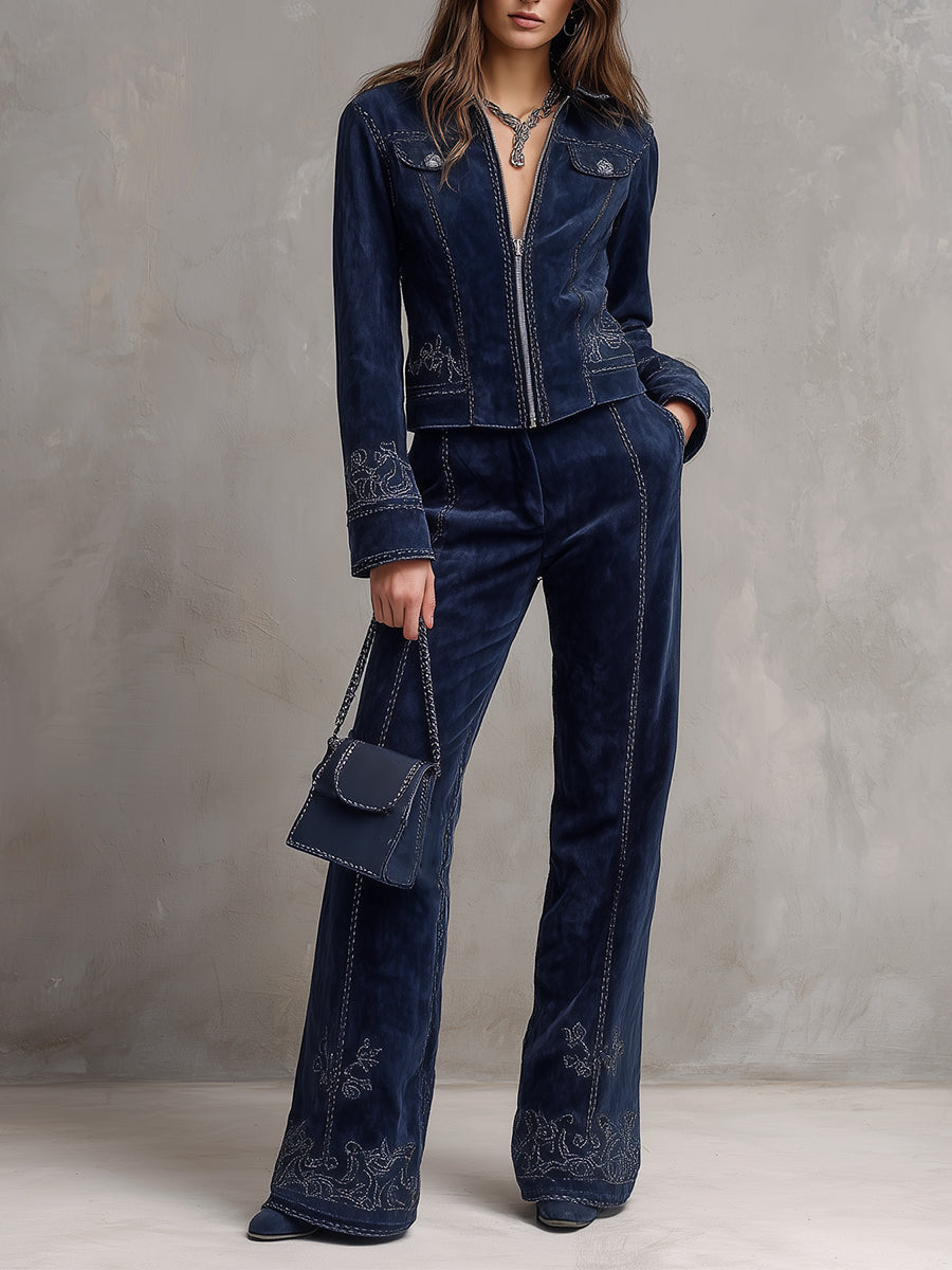 Vintage Suede Embroidered Front Zip Straight Jacket