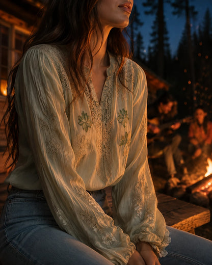 Vintage Green Cotton and Linen Embroidered Henley Collar Shirt