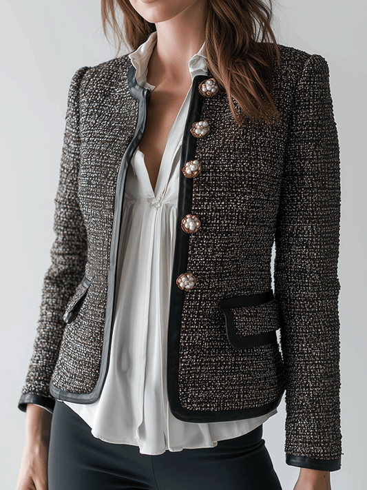 Fashion Baroque Buttons Contrast Trim Tweed Blazer