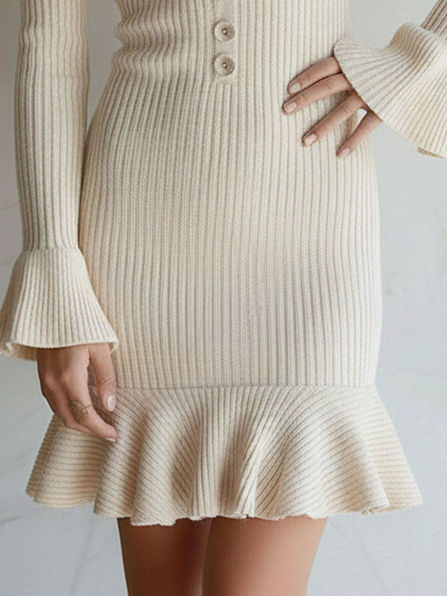 Elegant Cream Flared Cuffs Ribbed Knit Mini Dress With Ruffled Hem ...