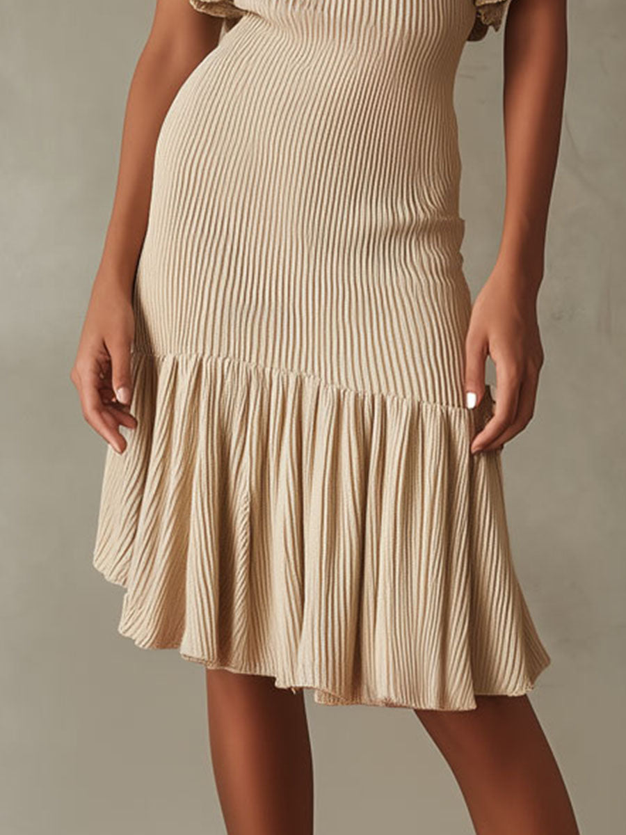 Elegant Soft Beige Ribbed Knit Pleated Ruffle Halter Midi Dress