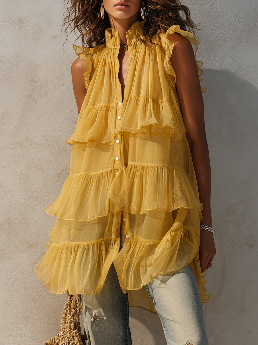 Holiday Chiffon Multi-layered Ruffled Sleeveless Blouse