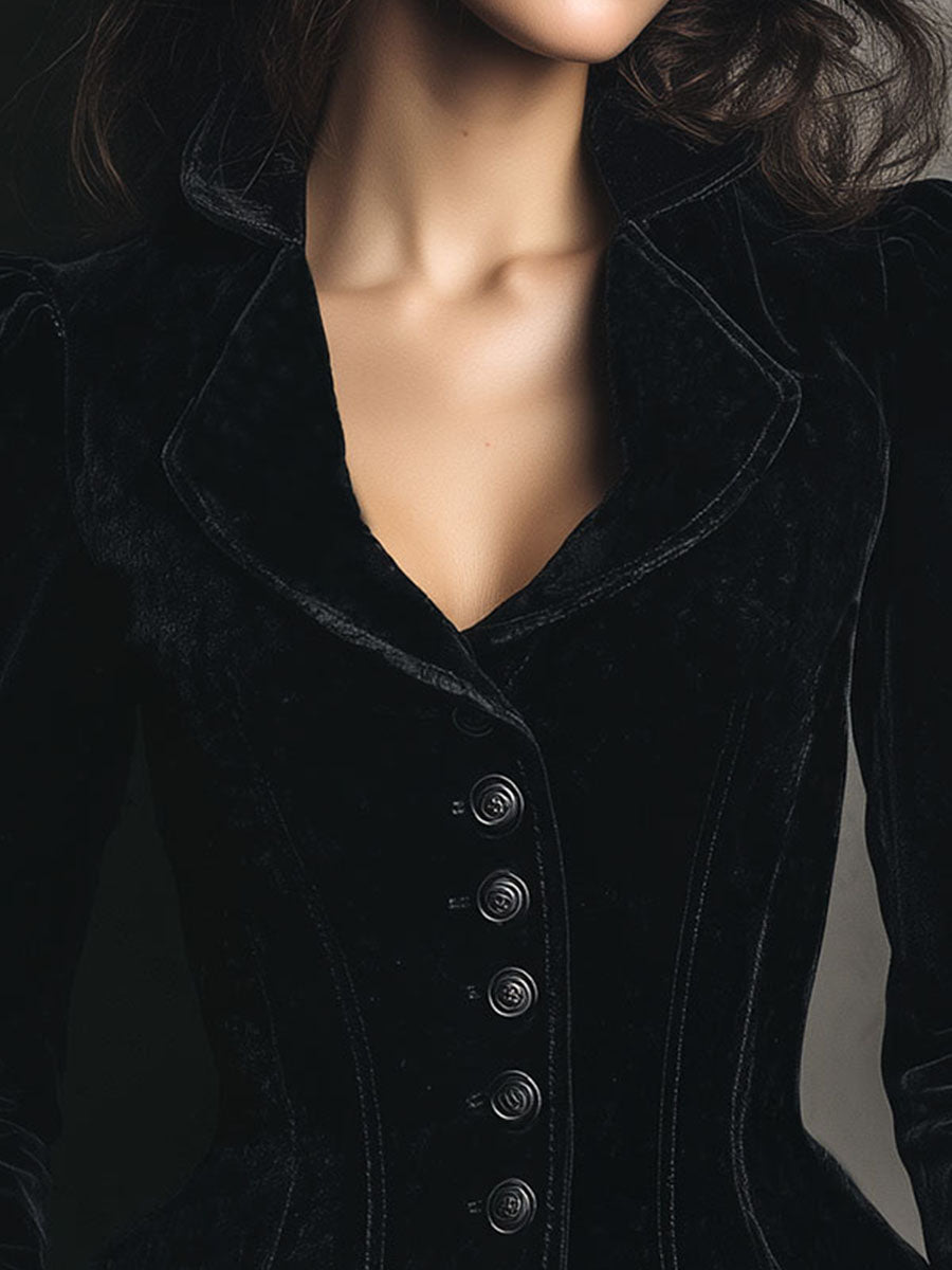 Black Velvet Fitted Gothic Tailored Jacket With Button