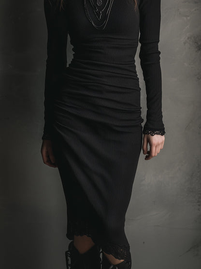 Basic Versatile Bottoming Lace Patchwork Stretch Knit Midi Dress