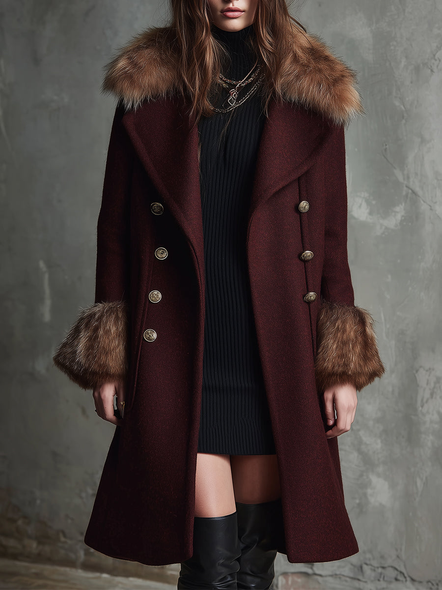 Quiet Luxury Detachable Fur Collar Double-breasted Wool Coat