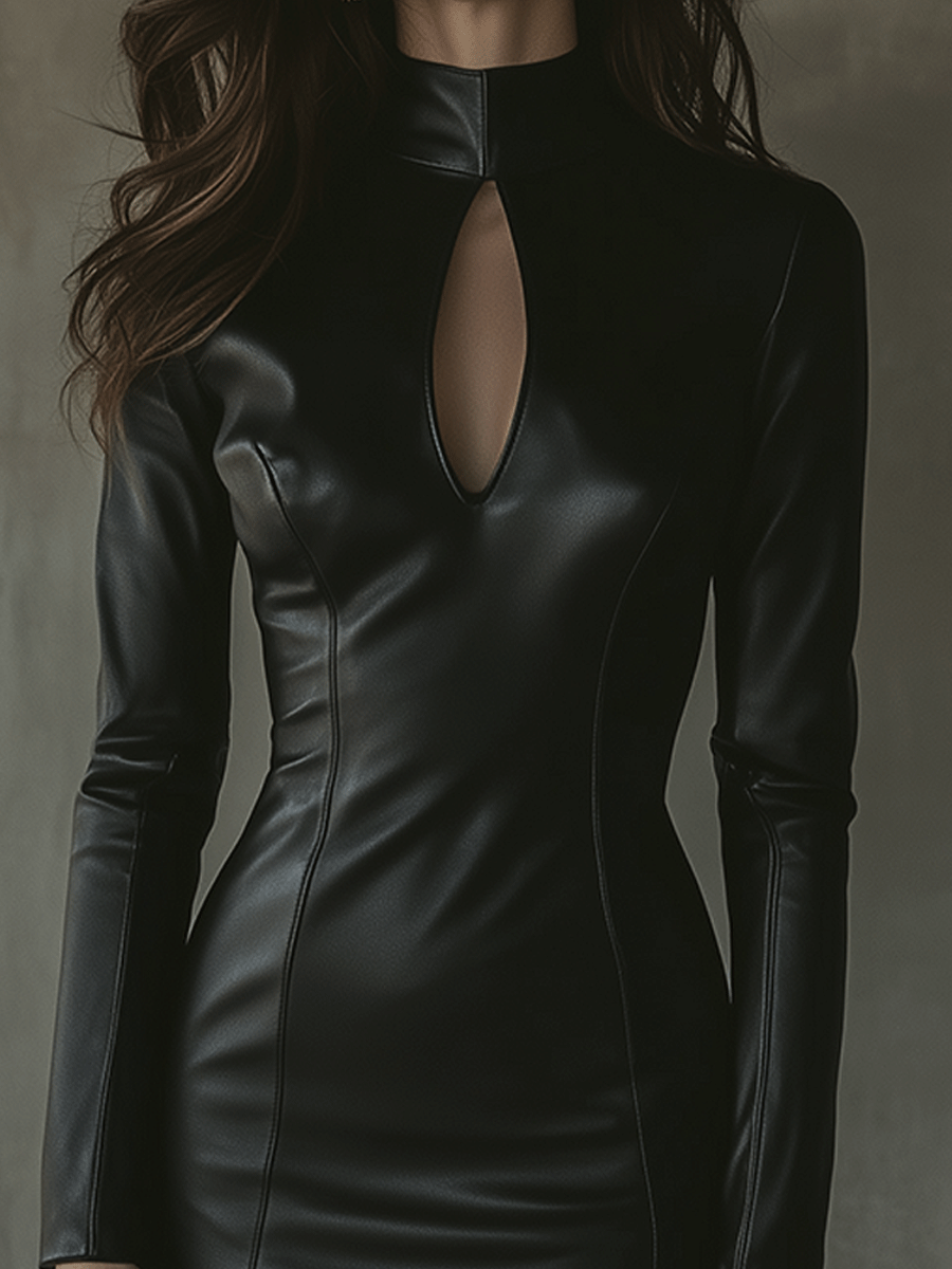 Black Faux Leather Keyhole Mini Dress
