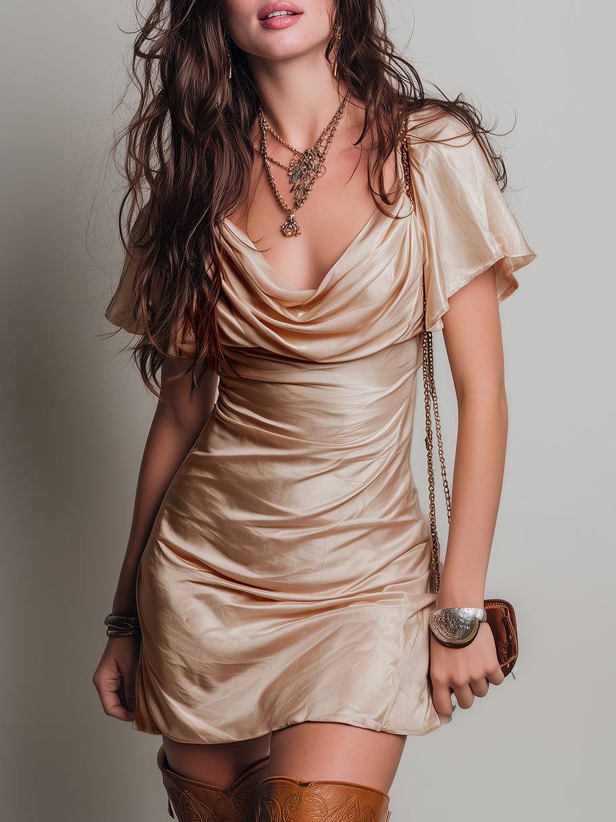 Elegant Draped Collar Satin Mini Dress With Ruffle Sleeves