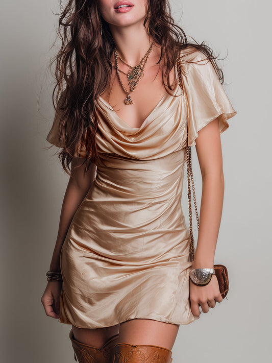 Elegant Draped Collar Satin Mini Dress With Ruffle Sleeves