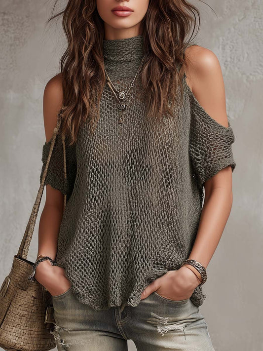 Retro Cold-Shoulder Knit Blouse