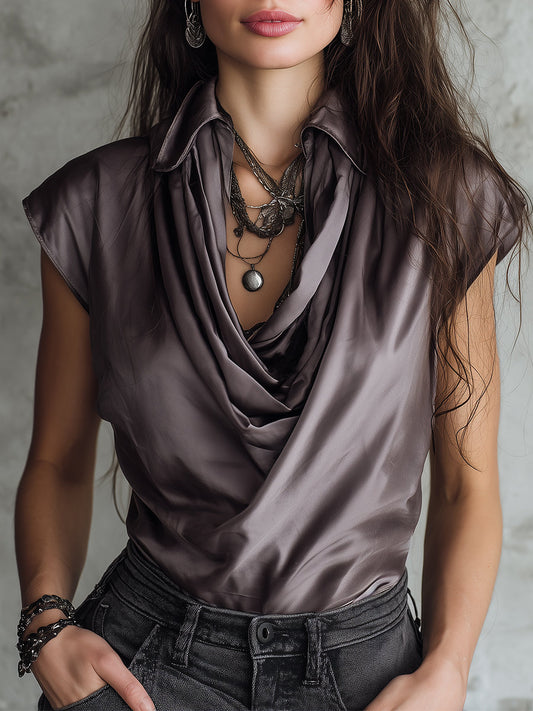 Retro Cowl Collar Sleeveless Satin Blouse