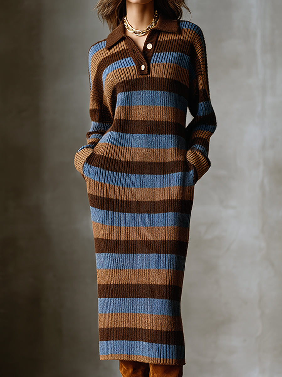 Artisan Horizon Earthy Stripes Ribbed Knit Midi Dress