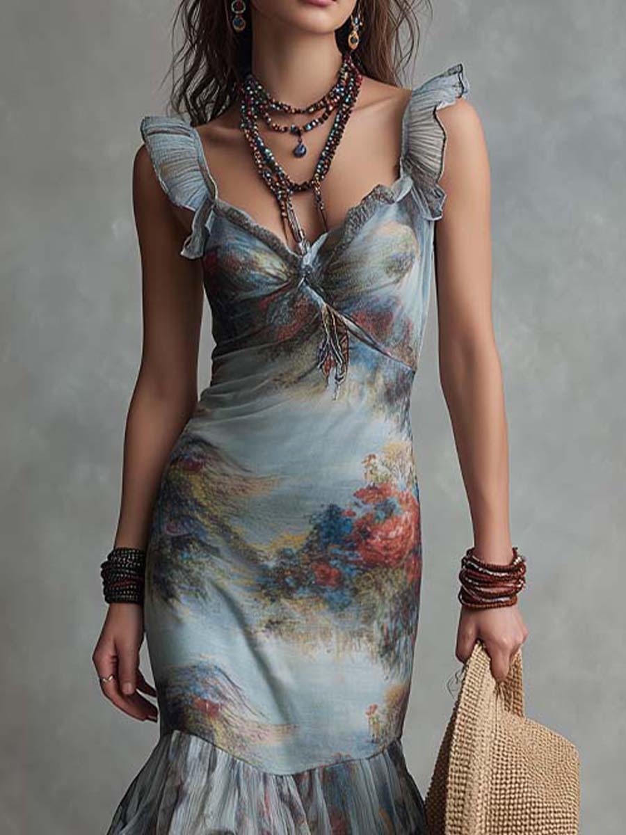 Boho-Vintage Elegant Painterly Floral Chiffon Ruffle Maxi Dress