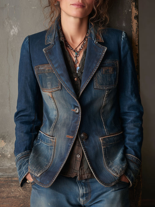 Vintage Washed Denim Patch Pocket Blazer