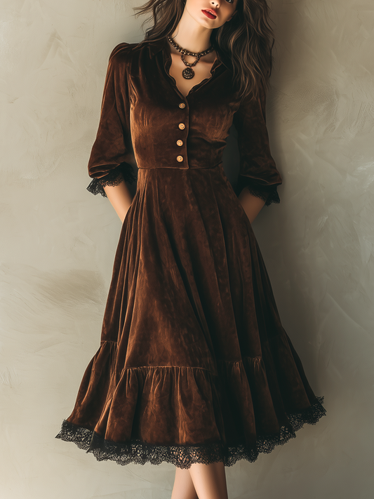 Vintage Metal Button Lace Trim Velvet Midi Dress