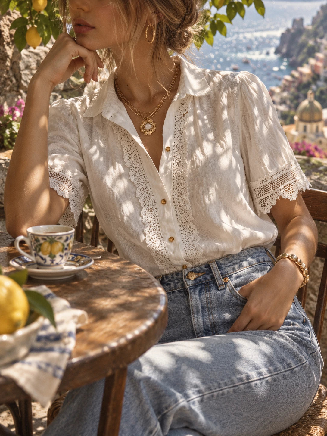 Vintage-Inspired Lace Trim White Blouse