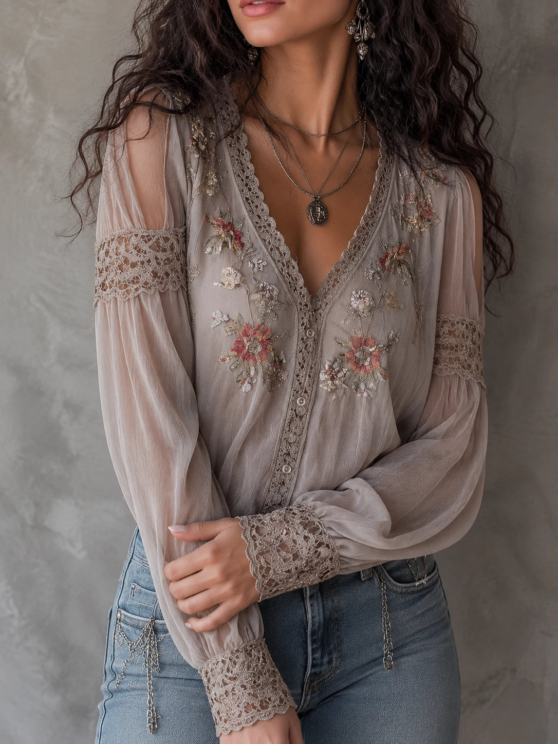 Romantic Floral Embroidered Sheer Blouse With Lace Trim