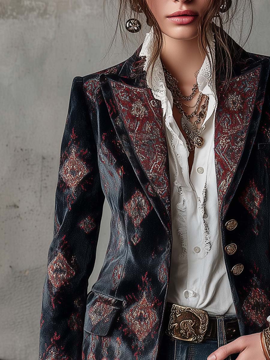 Retro Ethnic Print Polyester Velvet Mid-length Blazer