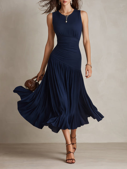 Elegant Sleeveless Pleated Fishtail Hem Midi Dress