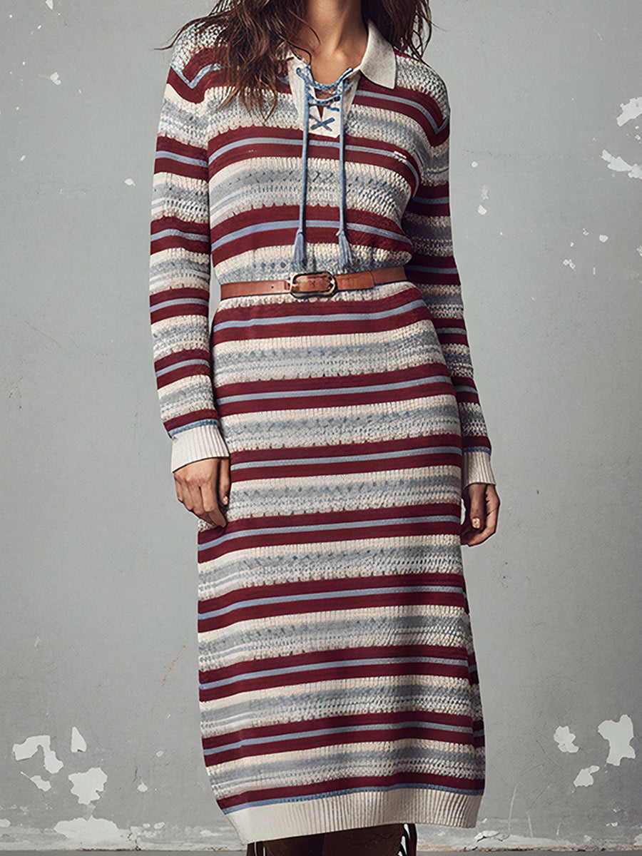 Bohemian Desert Rhythm Lace-Up Polo Knit Midi Dress