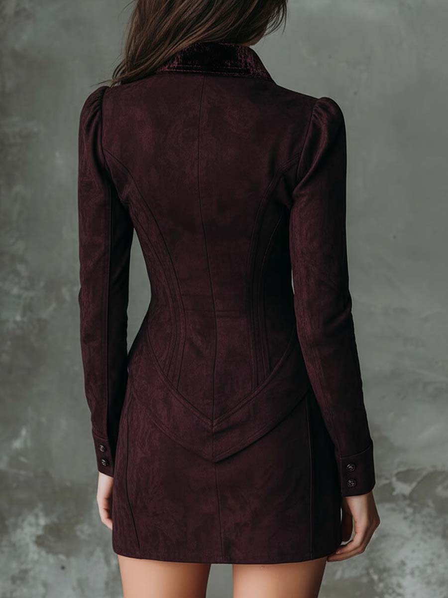 Mulberry Brown Velvet Collar Suede Dress Set