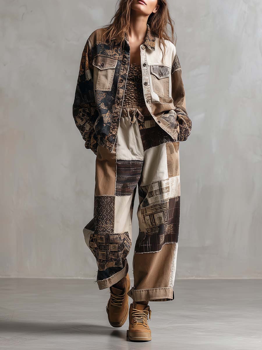 Patchwork Printed Utility Jacket & Pants Set